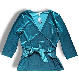 Express Velvet Ribbed Faux Wrap Tie Front Blouse